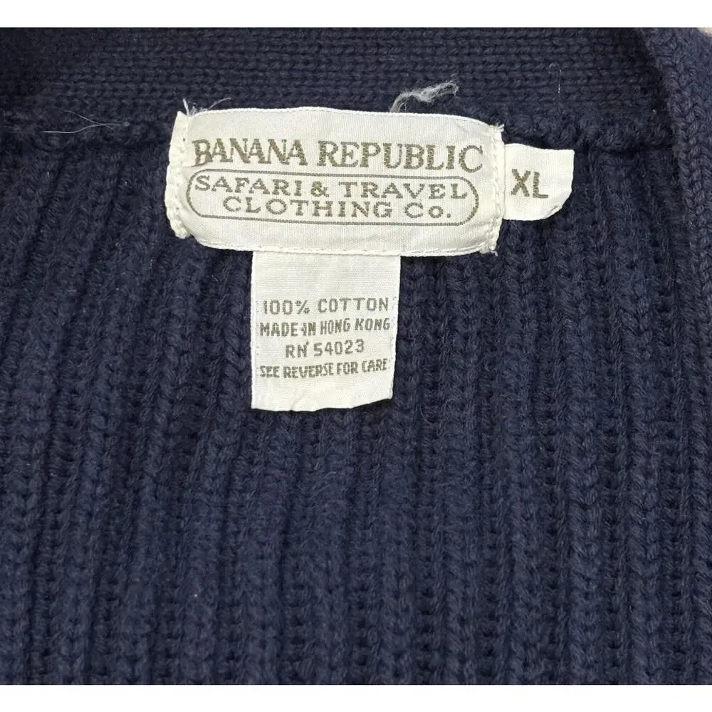 VTG 80s Banana Republic Safari & Travel Navy Cotton Cardigan Sweater Men’s XL*
